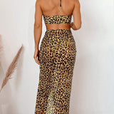 Conjunto de bikini halter de leopardo hueco con falda (impresion aleatoria) 3 piezas/set