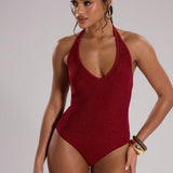 MUSERA Body con escote en V profundo y cuello halter en Lurex brillante