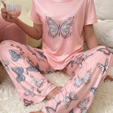 NEW Conjunto de manga corta y pantalones largos con estampado de mariposas para mujer, a la moda