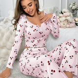 Conjunto de pijama de manga larga con encaje y cuello con estampado de cereza y flores