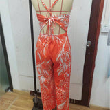 Women Fashionable Tropical Print Slip Jumpsuit With Wide Leg And Spaghetti Straps, Suitable For Summer