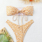 Swim Mod Conjunto de bikini sin tirantes bandeau impreso al azar de verano playa con estampado floral