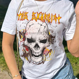 Slayr Camiseta de manga corta para mujer con estampado de letras y cabeza de calavera para el verano