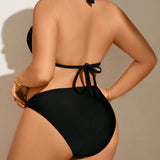 Swim Vcay Conjunto de bikini de talla grande con detalle de anillo redondo y cuello halter para vacaciones en la playa en verano