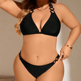 Swim Vcay Conjunto de bikini de talla grande con detalle de anillo redondo y cuello halter para vacaciones en la playa en verano