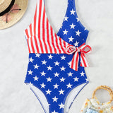 Swim Vcay Traje de bano de una pieza para mujer con impresion de bandera americana y lazo en la cintura, adecuado para vacaciones en la playa durante el verano