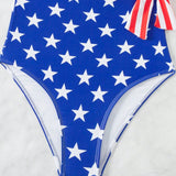 Swim Vcay Traje de bano de una pieza para mujer con impresion de bandera americana y lazo en la cintura, adecuado para vacaciones en la playa durante el verano