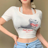 DAZY Camiseta de verano casual para mujer de manga corta con gato impreso y lema cuello redondo