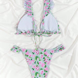 Swim Conjunto de bikini con volantes para mujer estampado floral para vacaciones en la playa con estampado al azar