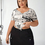 Essnce Women Plus Size Newspaper Print V-Neck Slim Fit Fashionable Casual T-Shirt