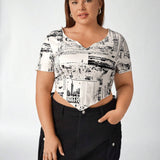 Essnce Women Plus Size Newspaper Print V-Neck Slim Fit Fashionable Casual T-Shirt