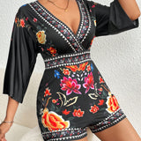 VCAY Floral Print Overlap V-Neck Batwing Sleeve Ladies Vacation Style Romper