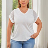 Essnce Women Plus Size V-Neck Lace Splice Holiday Casual Fashionable And Comfortable White Short Sleeve T-Shirt