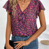 Frenchy Camisa elegante de cuello en V para mujer con diseno de cordon y dobladillo con volantes