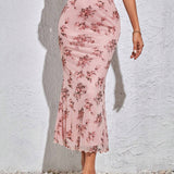 Tall Falda de tul con cintura elastica, cola de pez y estampado floral romantico para mujer