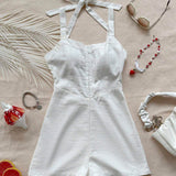 WYWH WYWH Women VACATION Short Jumpsuit With Double Shoulder Straps, Detachable Button Decoration, Elastic Waistband, White Color, Casual And Sweetheart Neckline, Suitable For Vacation And Other Occasions, Easter