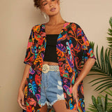 TRVLCHIC Blusa suelta de mujer de chifon con estampado tropical tejido para vacaciones