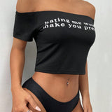 EZwear Camiseta de verano de moda para mujer de un hombro con ajuste corto y entallado y manga corta