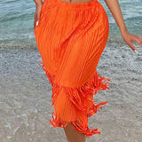 SXY Falda maxi plisada de cintura alta con borlas naranjas en el dobladillo para vacaciones en la playa, para la primavera o el verano, ideal para festivales y ocasiones sexy