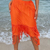 SXY Falda maxi plisada de cintura alta con borlas naranjas en el dobladillo para vacaciones en la playa, para la primavera o el verano, ideal para festivales y ocasiones sexy