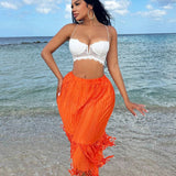 SXY Falda maxi plisada de cintura alta con borlas naranjas en el dobladillo para vacaciones en la playa, para la primavera o el verano, ideal para festivales y ocasiones sexy