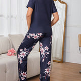 Conjunto Elegante De Pijama De Manga Corta Para Mujer Y Pantalones Largos Con Patron Floral De 2 Piezas