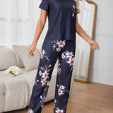 Conjunto Elegante De Pijama De Manga Corta Para Mujer Y Pantalones Largos Con Patron Floral De 2 Piezas