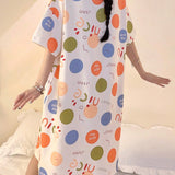 Vestido de dormir casual de verano para mujeres con manga corta y dibujos animados impresos