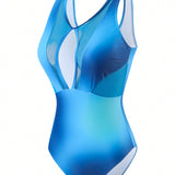 Swim Traje de bano de mujer "Solid Color Mesh Splice Hollow Out Beachwear" con patrones impresos aleatorios