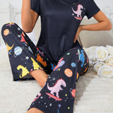 Conjunto de pijama de patron de dinosaurio de dibujos animados de tamano estandar para mujeres