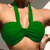 Swim Top de bikini para mujeres con diseno simple, ajustado y halter, para playa de verano en unicolor