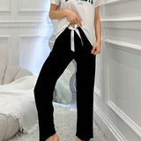 Conjunto de pijama de manga corta con top y pantalones largos, deportivo con letras impresas