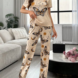 Conjunto de pijama de pantalon corto y manga corta con estampado de mariposa, estrella y luna