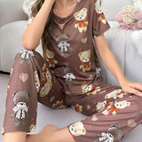 Conjunto de pijama de mujer con estampado de lindo oso de peluche con ojos grandes