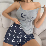 Conjunto de camiConjuntoa y pantalon corto estampado de estrellas y luna para ropa de dormir de verano