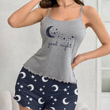 Conjunto de camiConjuntoa y pantalon corto estampado de estrellas y luna para ropa de dormir de verano