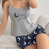 Conjunto de camiConjuntoa y pantalon corto estampado de estrellas y luna para ropa de dormir de verano