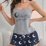 Conjunto de camiConjuntoa y pantalon corto estampado de estrellas y luna para ropa de dormir de verano