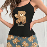 Conjunto de pijama de verano con camisola y pantalon corto con estampado de oso para el tiempo libre