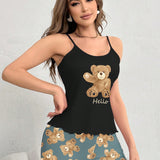 Conjunto de pijama de verano con camisola y pantalon corto con estampado de oso para el tiempo libre