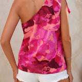 Blusa elegante asimetrica de cuello rosa con estampado floral y nudo frontal para vacaciones de verano