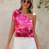 Blusa elegante asimetrica de cuello rosa con estampado floral y nudo frontal para vacaciones de verano