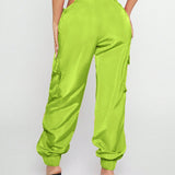 SXY Pantalones informales para mujer en color verde fluorescente con recortes en la cintura lateral, cinturon y bolsillos para el trabajo y el uso diario