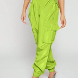 SXY Pantalones informales para mujer en color verde fluorescente con recortes en la cintura lateral, cinturon y bolsillos para el trabajo y el uso diario