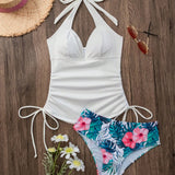 Swim Vcay Conjunto de bikini de dos piezas para mujer con top halter unicolor y parte inferior de bikini con estampado completo