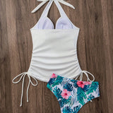 Swim Vcay Conjunto de bikini de dos piezas para mujer con top halter unicolor y parte inferior de bikini con estampado completo