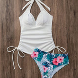 Swim Vcay Conjunto de bikini de dos piezas para mujer con top halter unicolor y parte inferior de bikini con estampado completo