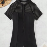 Swim SPRTY Traje De Bano De Una Pieza Diario Informal De Manga Corta A La Moda Con Empalme De Malla Para Mujer De Playa De Verano