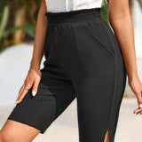 EMERY ROSE Pantalones cortos de punto para mujer con cintura elastica y dobladillo plisado para el trabajo diario