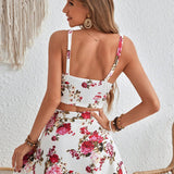 VCAY Conjunto veraniego de dos piezas con top de tirantes espagueti y falda, estampado floral ideal para vacacionar y tiempo de ocio